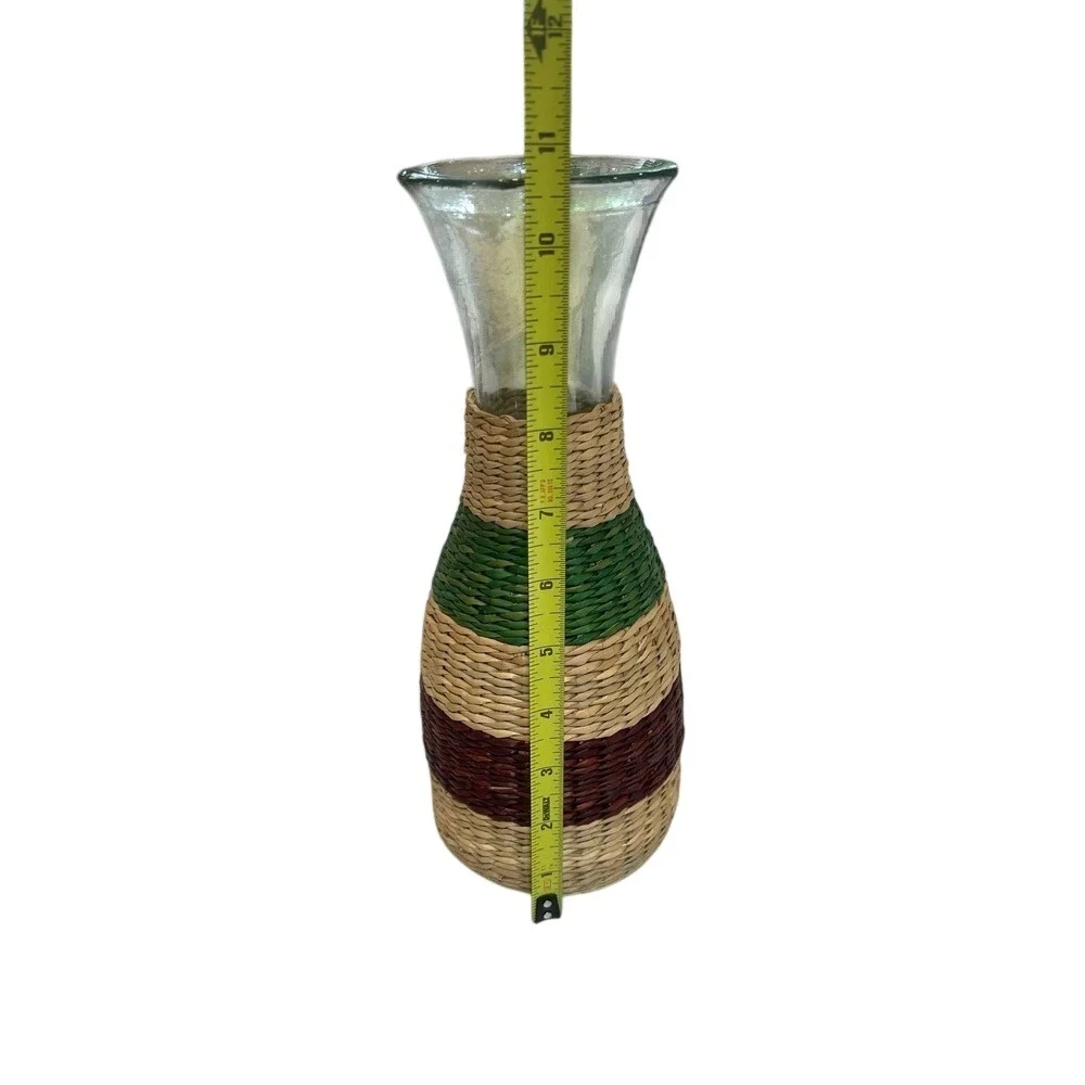 Vintage Woven Seagrass‎ Glass Vase Set Boho Wicker Wrapped Carafe Decor 2pc